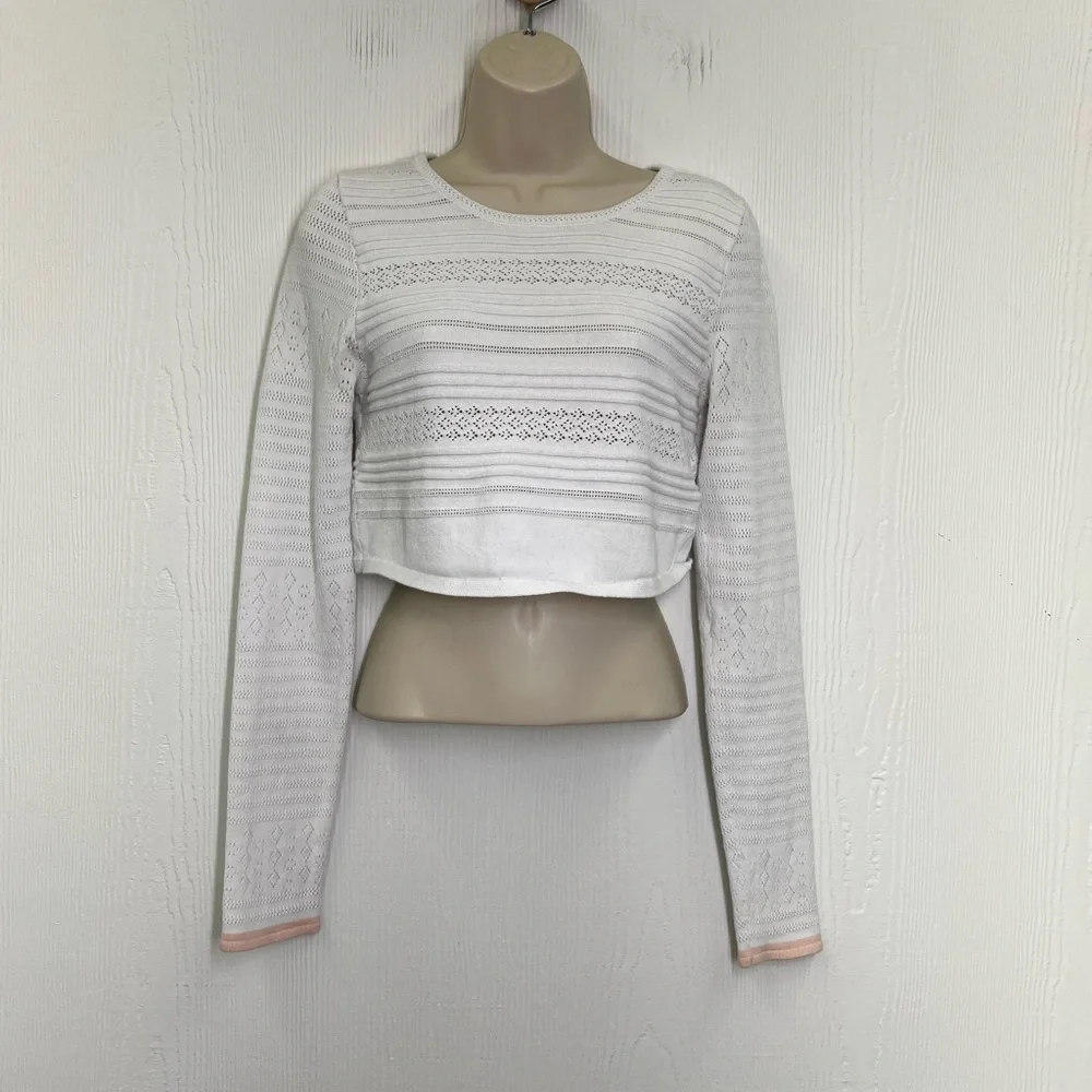 Free People - White Open Fun Design Long Sleeve Trimmed Pink Crop Top Medium